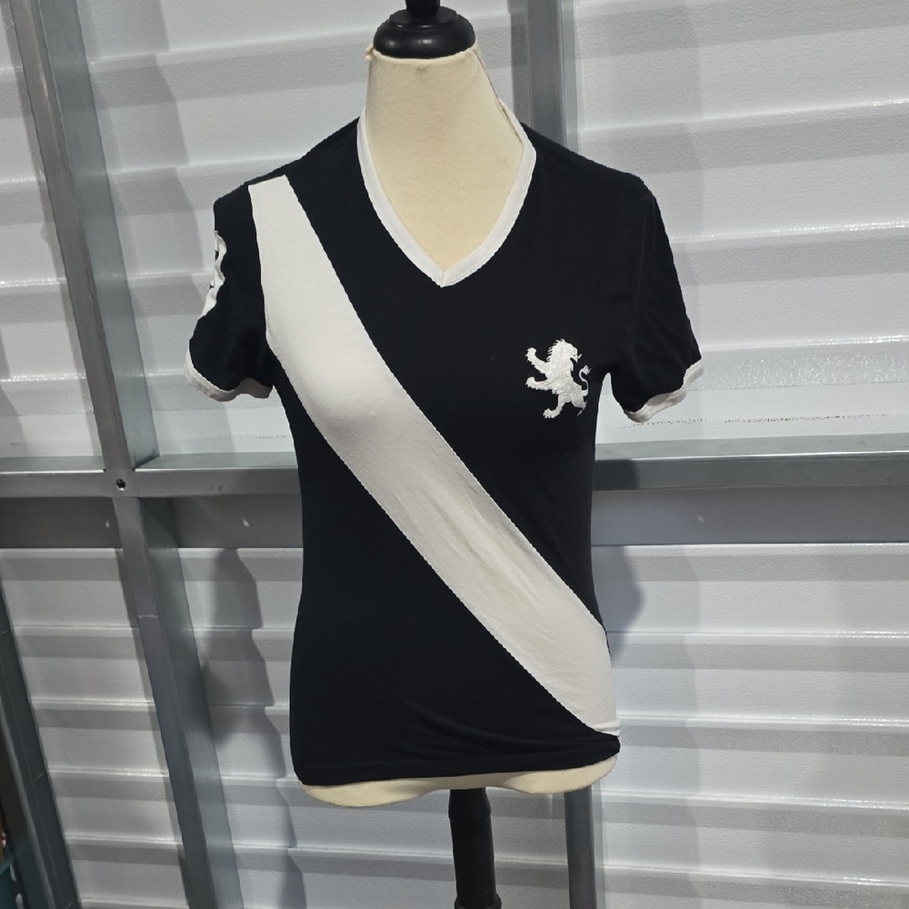 Express Black and White V-Neck Jersey Tee with Emblem Size XS